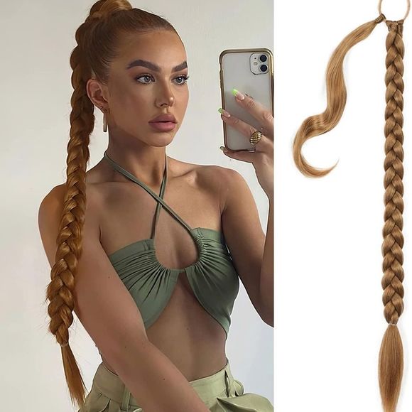 Long Braided Ponytail Extension with Hair Tie 32 Inches Straight Wrap - Picture 5 of 8